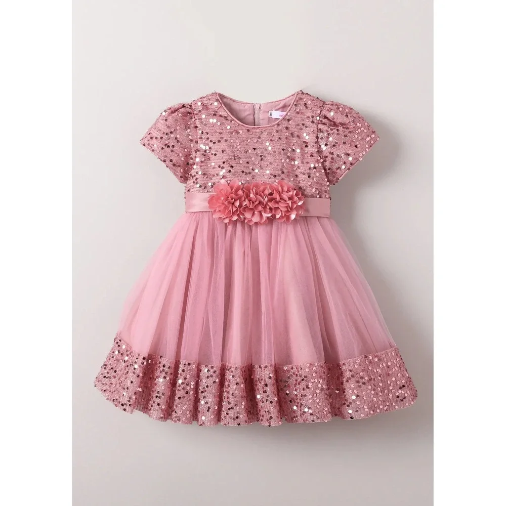 Girls Mauve Pink Sequin Tulle Party Dress Floral Sash Big Back Bow Flower Girl